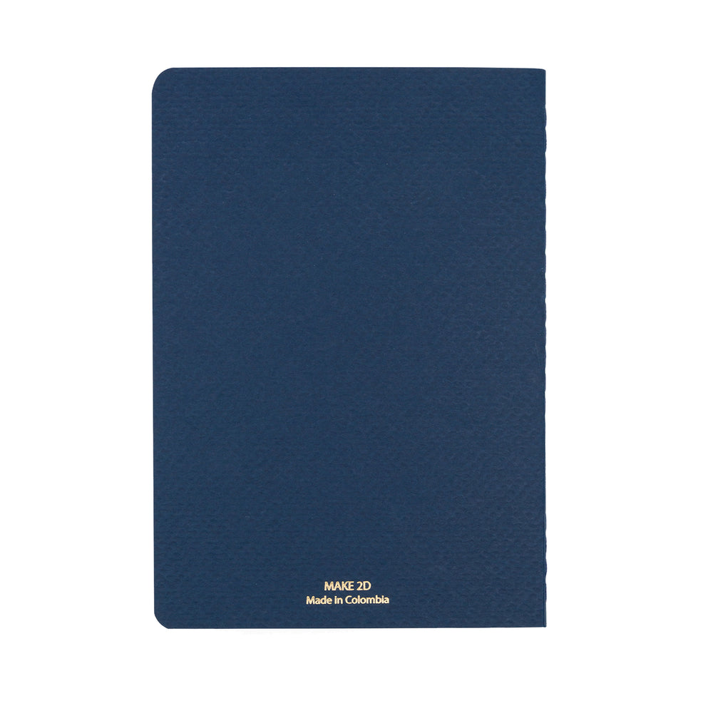 A5 SIZE NOTEBOOK NOTES FOILED COVER DETAIL, CARDBOARD COVER COLOR BLUE BACK, INTERIOR DOTTED, ROUNDED CORNERS, VISIBLE SINGER STITCHING ON THE SPINE, INTERIOR PAPER IVORY-COLORED 90 GMS, ACID FREE PAPER MADE IN COLOMBIA BY MAKE2D