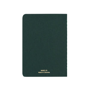 A6 POCKET SIZE NOTEBOOK BACK MADE IN COLOMBIA GOLD FOILED COVER DETAIL, CARDBOARD COVER COLOR GREEN INTERIOR DOTTED OR RULED, ROUNDED CORNERS, VISIBLE SINGER STITCHING ON THE SPINE, INTERIOR PAPER IVORY-COLORED 90 GMS, ACID FREE PAPER MADE IN COLOMBIA BY MAKE2D