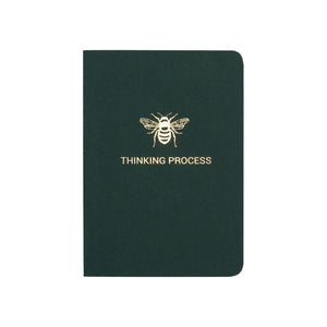 A6 POCKET SIZE NOTEBOOK BEE THINKING PROCESS GOLD FOILED COVER DETAIL, CARDBOARD COVER COLOR GREEN, INTERIOR DOTTED OR RULED, ROUNDED CORNERS, VISIBLE SINGER STITCHING ON THE SPINE, INTERIOR PAPER IVORY-COLORED 90 GMS, ACID FREE PAPER MADE IN COLOMBIA BY MAKE2D