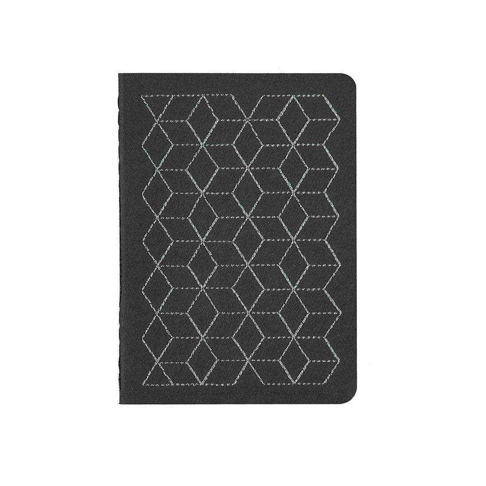 A6 POCKET SIZE NOTEBOOK EMBOROIDERED MILAN COVER DETAIL, CARDBOARD COVER COLOR BLACK, DARK GREY EMBROIDERY, INTERIOR DOTTED OR RULED, ROUNDED CORNERS, VISIBLE SINGER STITCHING ON THE SPINE, INTERIOR PAPER IVORY-COLORED 90 GMS, ACID FREE PAPER BACK GOLD FOIL COVER DETAIL MADE IN COLOMBIA BY MAKE2D