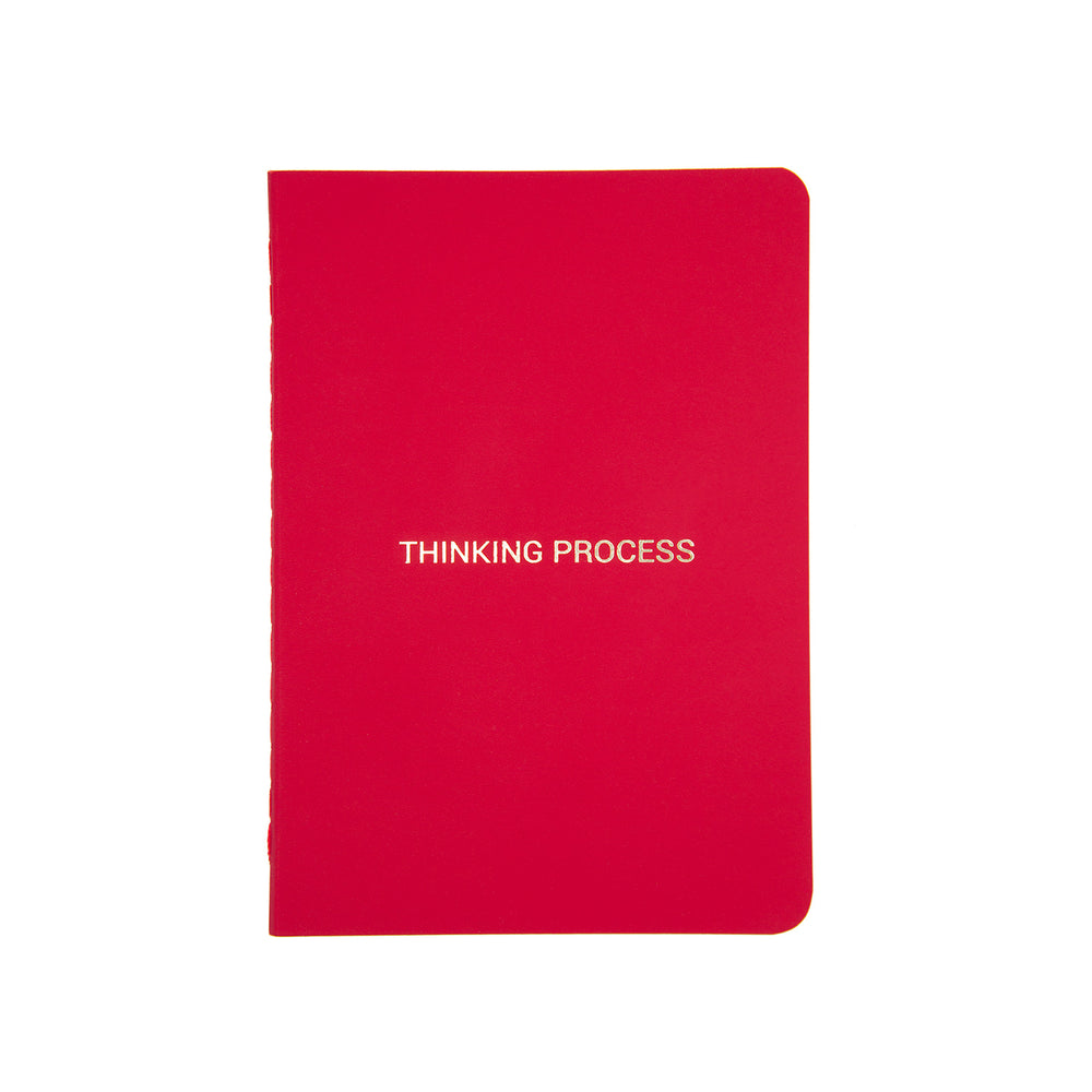A6 POCKET SIZE NOTEBOOK THINKING PROCESS GOLD FOILED COVER DETAIL, CARDBOARD COVER COLOR RED, INTERIOR DOTTED OR RULED, ROUNDED CORNERS, VISIBLE SINGER STITCHING ON THE SPINE, INTERIOR PAPER IVORY-COLORED 90 GMS, ACID FREE PAPER MADE IN COLOMBIA BY MAKE2D