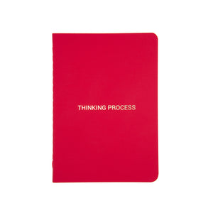 A6 POCKET SIZE NOTEBOOK THINKING PROCESS GOLD FOILED COVER DETAIL, CARDBOARD COVER COLOR RED, INTERIOR DOTTED OR RULED, ROUNDED CORNERS, VISIBLE SINGER STITCHING ON THE SPINE, INTERIOR PAPER IVORY-COLORED 90 GMS, ACID FREE PAPER MADE IN COLOMBIA BY MAKE2D