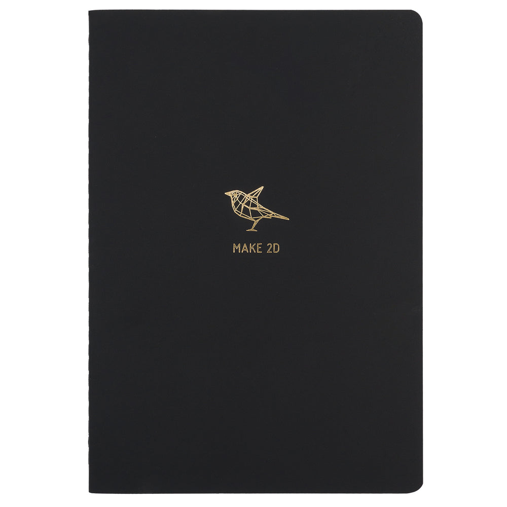 B5 SIZE NOTEBOOK BIRD MAKE 2D NOTES GOLD FOILED COVER DETAIL, CARDBOARD COVER COLOR BLACK INTERIOR DOTTED OR RULED, ROUNDED CORNERS, VISIBLE SINGER STITCHING ON THE SPINE, INTERIOR PAPER IVORY-COLORED 90 GMS, ACID FREE PAPER MADE IN COLOMBIA BY MAKE2D