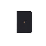 B7 MINI POCKET SIZE NOTEBOOK MOON GOLD FOILED COVER DETAIL, CARDBOARD COVER COLOR GREEN, INTERIOR DOTTED, ROUNDED CORNERS, VISIBLE SINGER STITCHING ON THE SPINE, INTERIOR PAPER IVORY-COLORED 90 GMS, ACID FREE PAPER MADE IN COLOMBIA BY MAKE2D