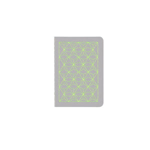 B7 MINI POCKET SIZE NOTEBOOK NEON GREEN EMBROIDERED COVER DETAIL, CARDBOARD COVER COLOR GREY, INTERIOR DOTTED, ROUNDED CORNERS, VISIBLE SINGER STITCHING ON THE SPINE, INTERIOR PAPER IVORY-COLORED 90 GMS, ACID FREE PAPER BY MAKE2D