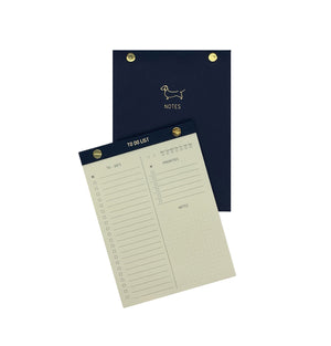 TO-DO LIST NOTEPAD GOLD DACHSHUND FOILED COVER DETAIL, CARDBOARD COVER COLOR BLUE, TO-DO’S PRIORITIES NOTES INTERIOR PAPER IVORY-COLORED 90 GMS, ACID FREE PAPER, GOLD SCREWS WITH PRE-PERFORATED DETACHABLE SHEETS MADE IN COLOMBIA BY MAKE2D
