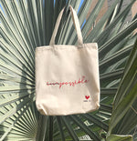 100% COTTON CANVAS TOTE BAG RED EMBROIDERED IMPOSSIBLE HEART MAKE 2D WITH HANDLES AND INSIDE POCKET NATURAL CANVAS COLOR  