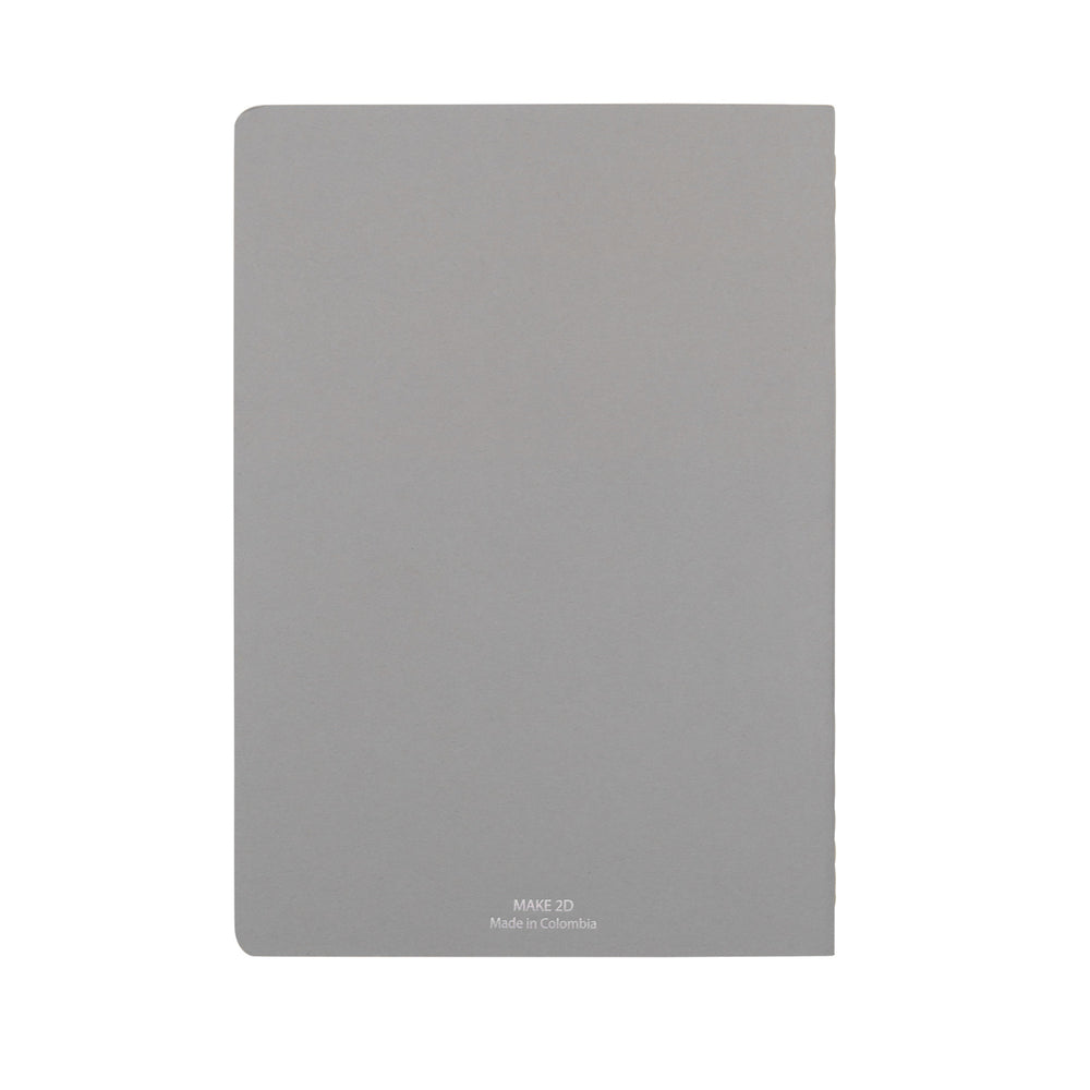 A5 SIZE NOTEBOOK BACK HOLOGRAPHIC FOILED COVER DETAIL, CARDBOARD COVER COLOR SMOKE GREY, INTERIOR DOTTED, ROUNDED CORNERS, VISIBLE SINGER STITCHING ON THE SPINE, INTERIOR PAPER IVORY-COLORED 90 GMS, ACID FREE PAPER MADE IN COLOMBIA BY MAKE2D