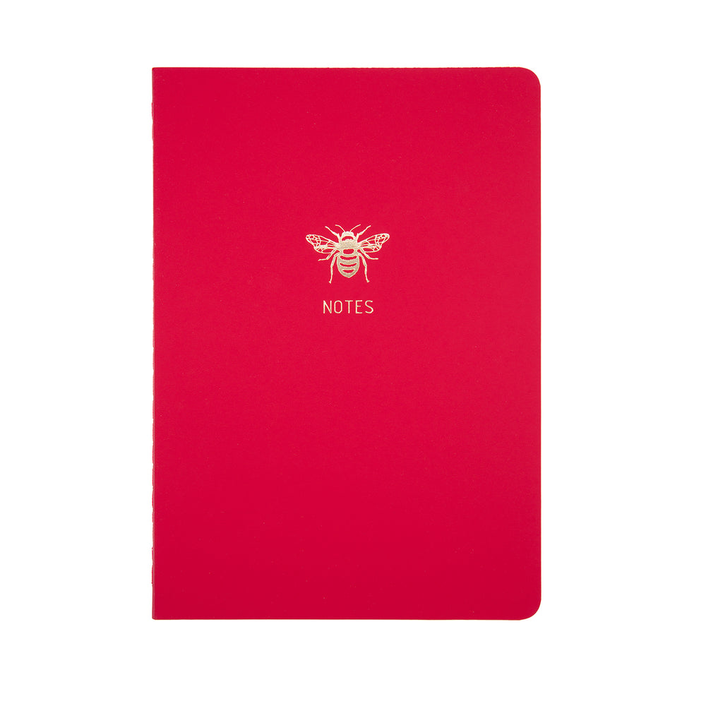 
                
                    Load image into Gallery viewer, A5 SIZE NOTEBOOK GOLD FOILED COVER DETAIL BEE NOTES, CARDBOARD COVER COLOR RED INTERIOR DOTTED OR RULED, ROUNDED CORNERS, VISIBLE SINGER STITCHING ON THE SPINE, INTERIOR PAPER IVORY-COLORED 90 GMS, ACID FREE PAPER BY MAKE2D
                
            