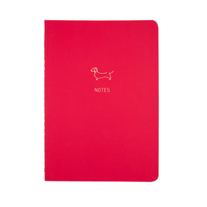 A5 SIZE NOTEBOOK DACHSHUND GOLD FOILED COVER DETAIL, CARDBOARD COVER COLOR RED, INTERIOR DOTTED, ROUNDED CORNERS, VISIBLE SINGER STITCHING ON THE SPINE, INTERIOR PAPER IVORY-COLORED 90 GMS, ACID FREE PAPER MADE IN COLOMBIA BY MAKE2D