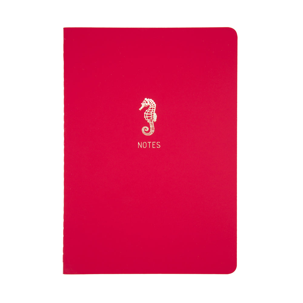 A5 SIZE NOTEBOOK SEAHORSE NOTES FOILED COVER DETAIL, CARDBOARD COVER COLOR RED, INTERIOR DOTTED, ROUNDED CORNERS, VISIBLE SINGER STITCHING ON THE SPINE, INTERIOR PAPER IVORY-COLORED 90 GMS, ACID FREE PAPER MADE IN COLOMBIA BY MAKE2D