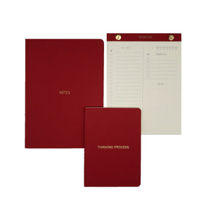 A5 NOTEBOOK SET A6 THINKING PROCESS POCKET NOTEBOOK TO-DO LIST NOTEPAD GOLD FOILED COVER DETAIL, CARDBOARD COVER COLOR RED, INTERIOR DOTTED OR RULED, ROUNDED CORNERS, VISIBLE SINGER STITCHING ON THE SPINE, INTERIOR PAPER IVORY-COLORED 90 GMS, ACID FREE PAPER MADE IN COLOMBIA BY MAKE2D