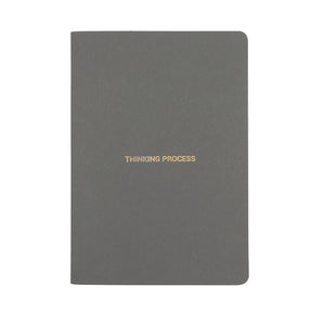 A5 SIZE NOTEBOOK THINKING PROCESS NOTES GOLD FOILED COVER DETAIL, CARDBOARD COVER COLOR DARK GREY, INTERIOR DOTTED, ROUNDED CORNERS, VISIBLE SINGER STITCHING ON THE SPINE, INTERIOR PAPER IVORY-COLORED 90 GMS, ACID FREE PAPER MADE IN COLOMBIA BY MAKE2D