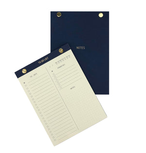 TO-DO LIST NOTEPAD GOLD FOILED COVER DETAIL, CARDBOARD COVER COLOR BLUE, TO-DO’S PRIORITIES NOTES INTERIOR PAPER IVORY-COLORED 90 GMS, ACID FREE PAPER, GOLD SCREWS WITH PRE-PERFORATED DETACHABLE SHEETS MADE IN COLOMBIA BY MAKE2D