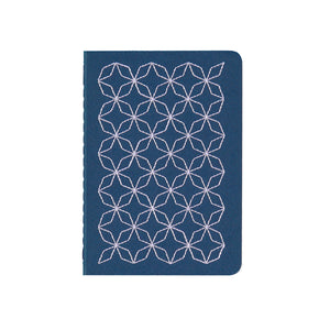 A6 POCKET SIZE NOTEBOOK EMBOROIDERED TOKYO COVER DETAIL, CARDBOARD COVER COLOR BLUE, LILAC EMBROIDERY, INTERIOR DOTTED OR RULED, ROUNDED CORNERS, VISIBLE SINGER STITCHING ON THE SPINE, INTERIOR PAPER IVORY-COLORED 90 GMS, ACID FREE PAPER BACK GOLD FOIL COVER DETAIL MADE IN COLOMBIA BY MAKE2D