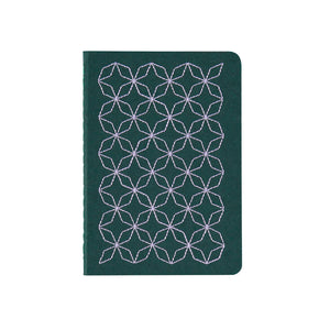 
                
                    Load image into Gallery viewer, A6 POCKET SIZE NOTEBOOK EMBOROIDERED TOKYO COVER DETAIL, CARDBOARD COVER COLOR GREEN, LILAC EMBROIDERY, INTERIOR DOTTED OR RULED, ROUNDED CORNERS, VISIBLE SINGER STITCHING ON THE SPINE, INTERIOR PAPER IVORY-COLORED 90 GMS, ACID FREE PAPER BACK GOLD FOIL COVER DETAIL MADE IN COLOMBIA BY MAKE2D
                
            