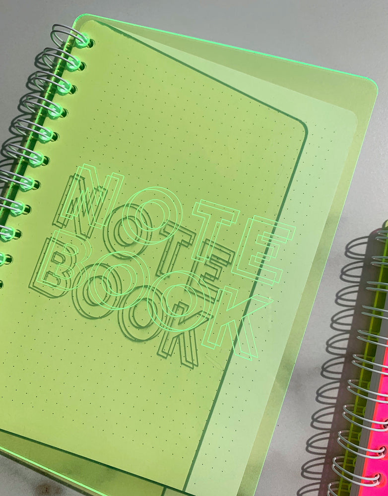 
                
                    Load image into Gallery viewer, ACRYLIC COVER NOTEBOOK  NEON GREEN WHITE METALLIC BINDING INTERIOR DOTTED MAKE 2D
                
            