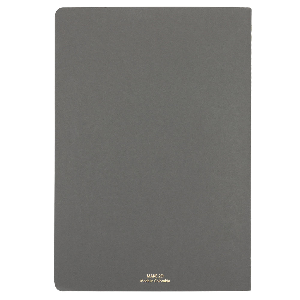 B5 SIZE NOTEBOOK NOTES GOLD FOILED COVER DETAIL, CARDBOARD COVER COLOR DARK GREY INTERIOR DOTTED OR RULED, ROUNDED CORNERS, VISIBLE SINGER STITCHING ON THE SPINE, INTERIOR PAPER IVORY-COLORED 90 GMS, ACID FREE PAPER MADE IN COLOMBIA BY MAKE2D