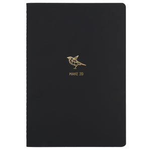 B5 SIZE NOTEBOOK BIRD MAKE 2D NOTES GOLD FOILED COVER DETAIL, CARDBOARD COVER COLOR BLACK INTERIOR DOTTED OR RULED, ROUNDED CORNERS, VISIBLE SINGER STITCHING ON THE SPINE, INTERIOR PAPER IVORY-COLORED 90 GMS, ACID FREE PAPER MADE IN COLOMBIA BY MAKE2D