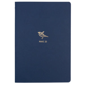 B5 SIZE NOTEBOOK BIRD MAKE 2D NOTES GOLD FOILED COVER DETAIL, CARDBOARD COVER COLOR BLUE INTERIOR DOTTED OR RULED, ROUNDED CORNERS, VISIBLE SINGER STITCHING ON THE SPINE, INTERIOR PAPER IVORY-COLORED 90 GMS, ACID FREE PAPER MADE IN COLOMBIA BY MAKE2D