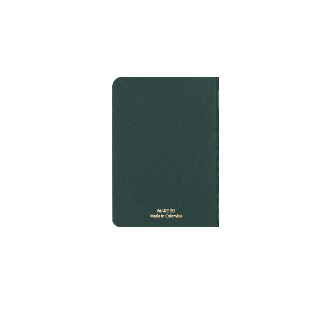 B7 MINI POCKET SIZE NOTEBOOK BIRD GOLD FOILED COVER DETAIL, CARDBOARD COVER COLOR GREEN, INTERIOR DOTTED, ROUNDED CORNERS, VISIBLE SINGER STITCHING ON THE SPINE, INTERIOR PAPER IVORY-COLORED 90 GMS, ACID FREE PAPER MADE IN COLOMBIA BY MAKE2D