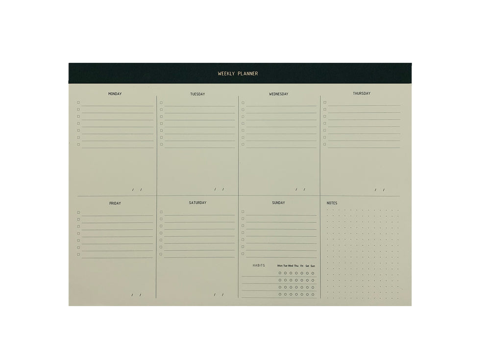 54-WEEK PRODUCTIVITY PLANNER.  THERE’S SPACE TO PLAN YOUR MEETINGS DAY BY DAY IN A WEEKLY BASIS, WRITE TO-DOS,  TRACK HABITS AND EXTRA SPACE FOR NOTES.  GOLD FOILED COVER DETAIL, CARDBOARD COVER COLOR GREEN, PAPER IVORY-COLORED 90 GMS, ACID FREE PAPER MADE IN COLOMBIA BY MAKE2D
