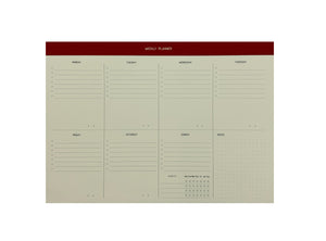 54-WEEK PRODUCTIVITY PLANNER.  THERE’S SPACE TO PLAN YOUR MEETINGS DAY BY DAY IN A WEEKLY BASIS, WRITE TO-DOS,  TRACK HABITS AND EXTRA SPACE FOR NOTES.  GOLD FOILED COVER DETAIL, CARDBOARD COVER COLOR RED, PAPER IVORY-COLORED 90 GMS, ACID FREE PAPER MADE IN COLOMBIA BY MAKE2D