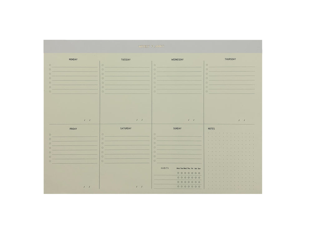 54-WEEK PRODUCTIVITY PLANNER.  THERE’S SPACE TO PLAN YOUR MEETINGS DAY BY DAY IN A WEEKLY BASIS, WRITE TO-DOS,  TRACK HABITS AND EXTRA SPACE FOR NOTES.  GOLD FOILED COVER DETAIL, CARDBOARD COVER COLOR WHITE, PAPER IVORY-COLORED 90 GMS, ACID FREE PAPER MADE IN COLOMBIA BY MAKE2D