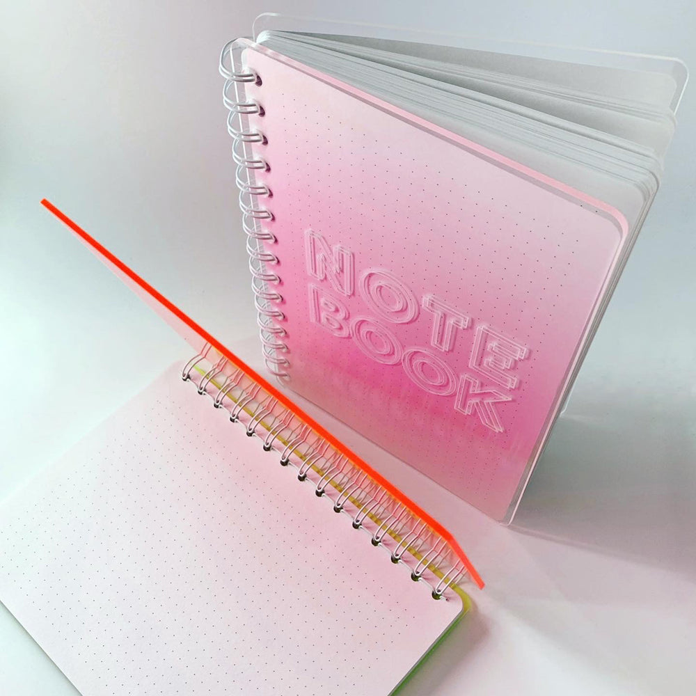 ACRYLIC COVER NOTEBOOK FUCSIA PINK CLEAR COVER WHITE METALLIC BINDING INTERIOR DOTTED MAKE 2D