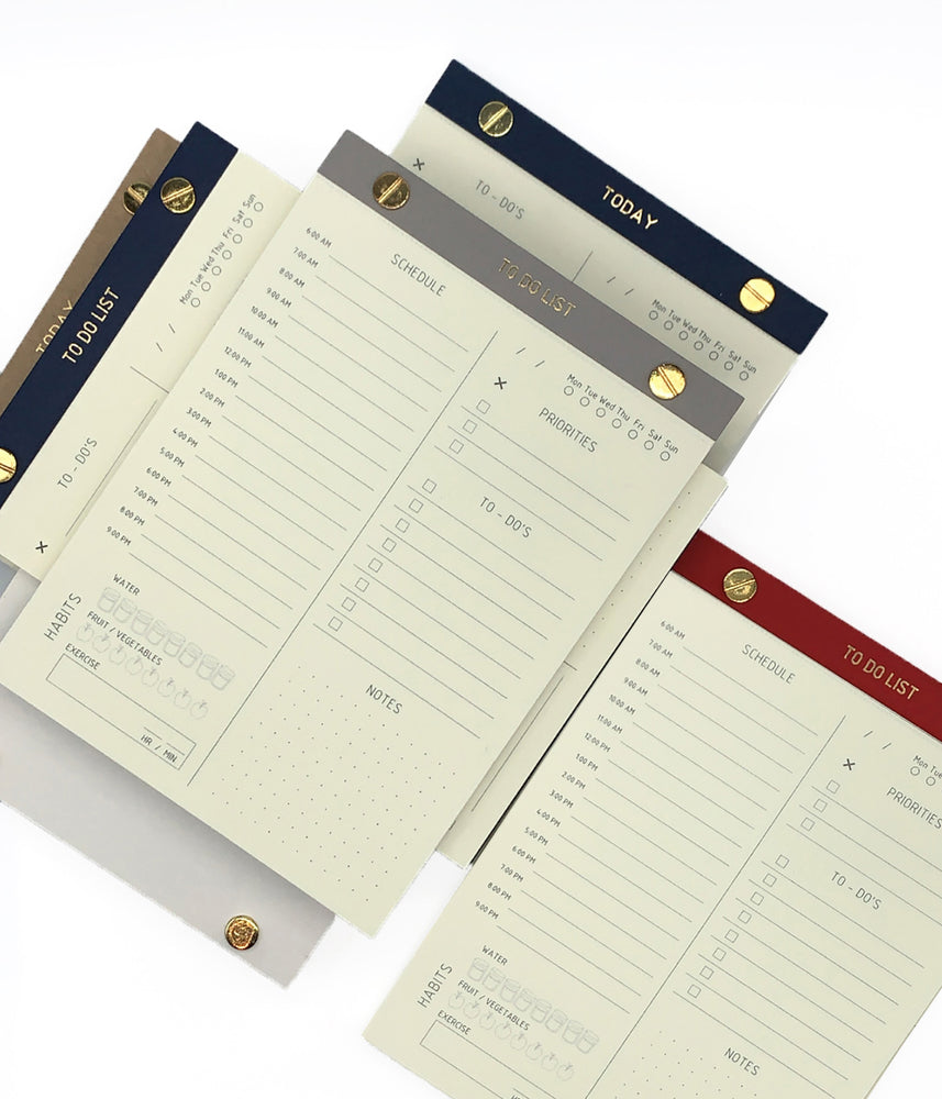 TO-DO LIST NOTEPAD GOLD FOILED COVER DETAIL, CARDBOARD COVER COLOR BLUE, HABITS SCHEDULE TO-DO’S PRIORITIES NOTES INTERIOR PAPER IVORY-COLORED 90 GMS, ACID FREE PAPER, GOLD SCREWS WITH PRE-PERFORATED DETACHABLE SHEETS MADE IN COLOMBIA BY MAKE2D