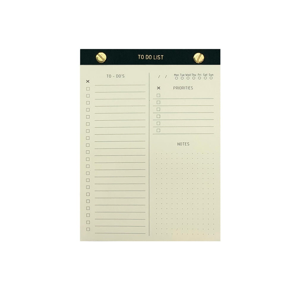 TO-DO LIST NOTEPAD GOLD FOILED COVER DETAIL, CARDBOARD COVER COLOR BLACK, TO-DO’S PRIORITIES NOTES INTERIOR PAPER IVORY-COLORED 90 GMS, ACID FREE PAPER, GOLD SCREWS WITH PRE-PERFORATED DETACHABLE SHEETS MADE IN COLOMBIA BY MAKE2D