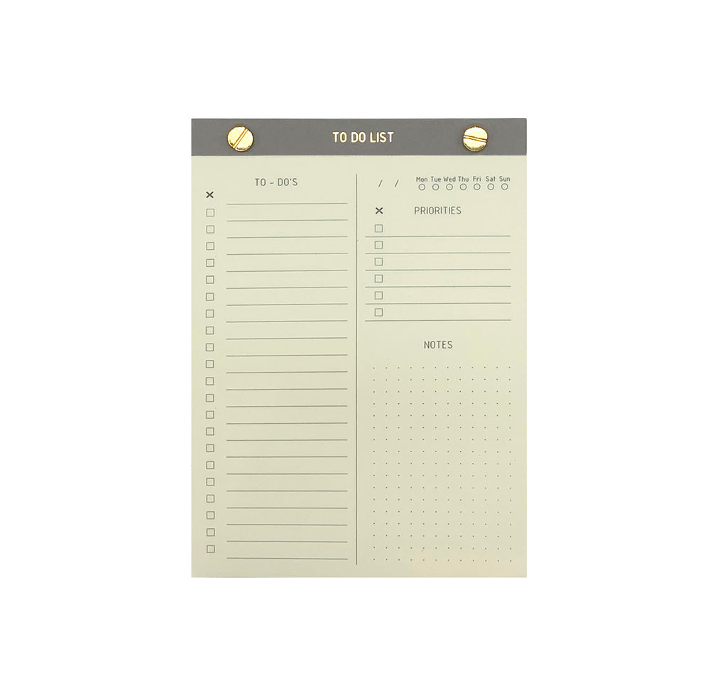 TO-DO LIST NOTEPAD GREY GOLD FOILED COVER DETAIL, CARDBOARD COVER COLOR , TO-DO’S PRIORITIES NOTES INTERIOR PAPER IVORY-COLORED 90 GMS, ACID FREE PAPER, GOLD SCREWS WITH PRE-PERFORATED DETACHABLE SHEETS MADE IN COLOMBIA BY MAKE2D