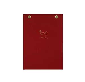TO-DO LIST NOTEPAD GOLD FOILED COVER DETAIL, CARDBOARD COVER COLOR RED DACHSHUND, TO-DO’S PRIORITIES NOTES INTERIOR PAPER IVORY-COLORED 90 GMS, ACID FREE PAPER, GOLD SCREWS WITH PRE-PERFORATED DETACHABLE SHEETS MADE IN COLOMBIA BY MAKE2D