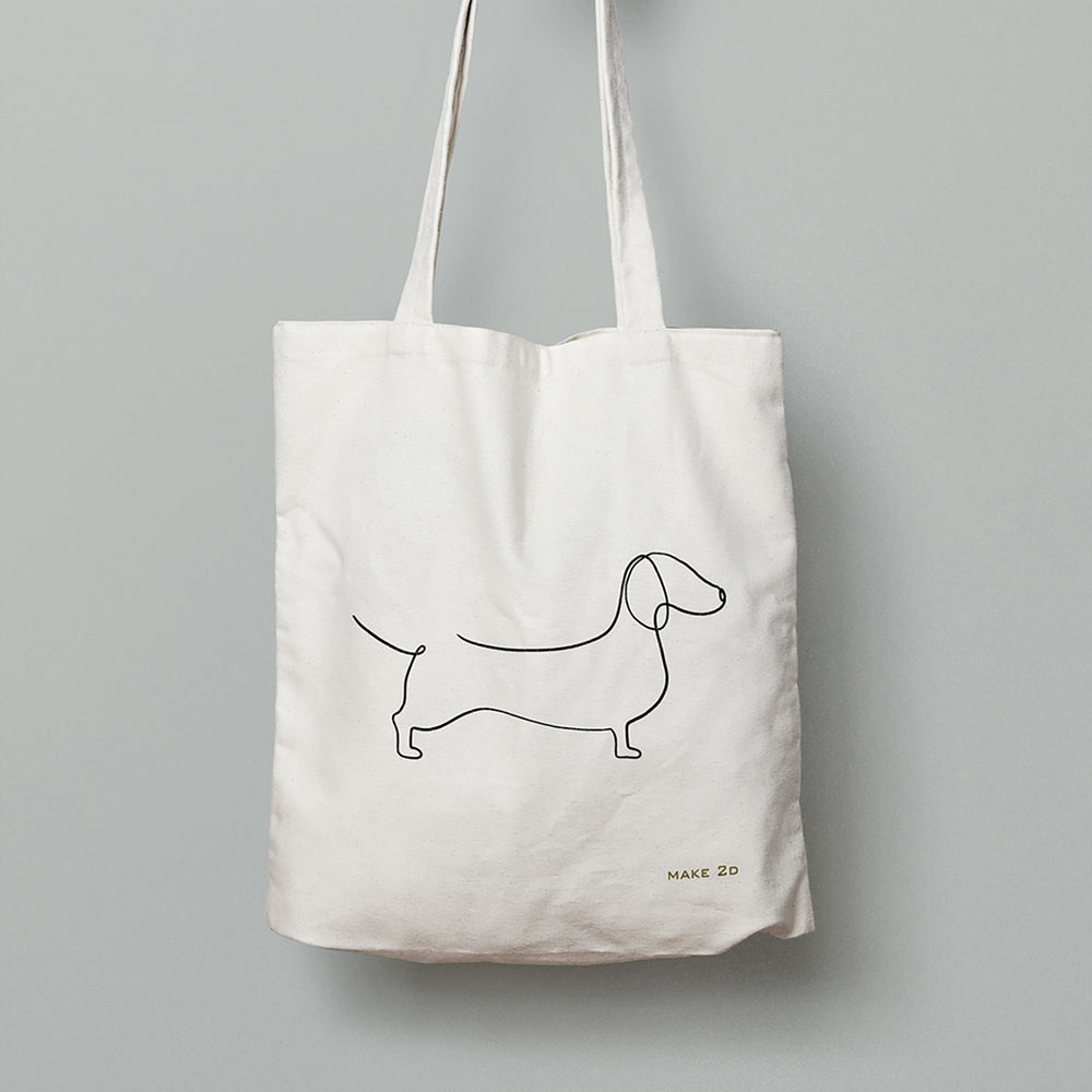 100% COTTON CANVAS TOTE BAG SCREEN PRINTED DACHSHUND WITH HANDLES AND INSIDE POCKET NATURAL COLOR  
