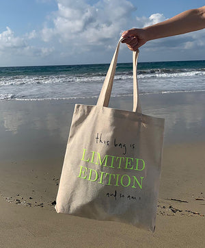 100% COTTON CANVAS TOTE BAG NEON GREEN AND BLACK EMBROIDERED THIS BAG IS LIMITED EDITION AND SO AM I MAKE 2D WITH HANDLES AND INSIDE POCKET NATURAL CANVAS COLOR  SUSTAINABLE BEACH BAG 