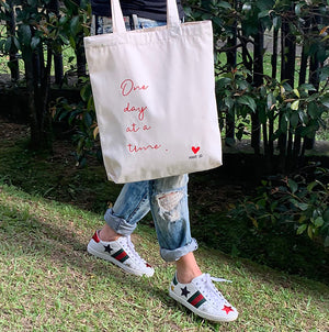 100% COTTON CANVAS TOTE BAG RED EMBROIDERED ONE DAY AT A TIME HEART MAKE 2D WITH HANDLES AND INSIDE POCKET NATURAL CANVAS COLOR  