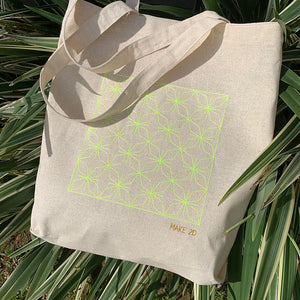 100% COTTON CANVAS TOTE BAG NEON GREEN AND GOLD EMBROIDERED TESSELLATION TOKYO MAKE 2D WITH HANDLES AND INSIDE POCKET NATURAL CANVAS COLOR  SUSTAINABLE BEACH BAG GROCERY SHOPPING